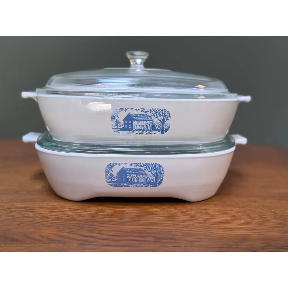 Set of 4 Vintage CorningWare Colonial House 11” Browning Skillets W/ Pyrex Lids